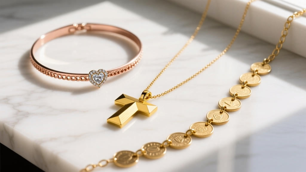 Flat lay of three layered gold necklaces on white marble, featuring a choker, a mid-length T pendant, and a long coin chain