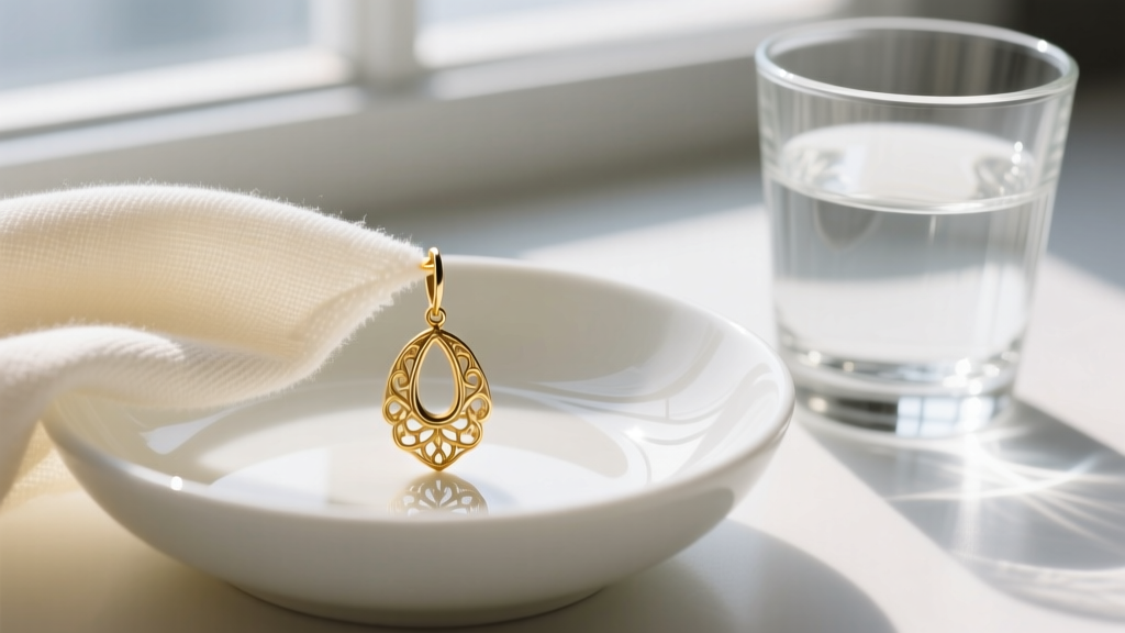 A soft microfiber cloth wiping a gold-plated vintage drop earring over a white ceramic bowl next to a glass of distilled water.