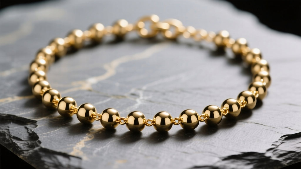 Macro view of a tangled 14k gold ball and chain necklace on slate, showing small spherical beads and thin wire links
