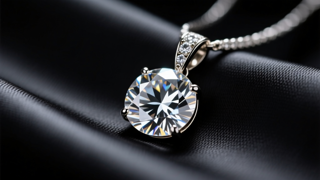 Macro shot of a brilliant diamond pendant on black silk, highlighting the stone