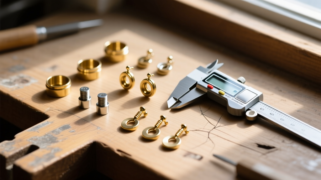 Brass and titanium screw-back earring converters laid out next to a digital caliper on a scratched wooden jeweler's workbench.