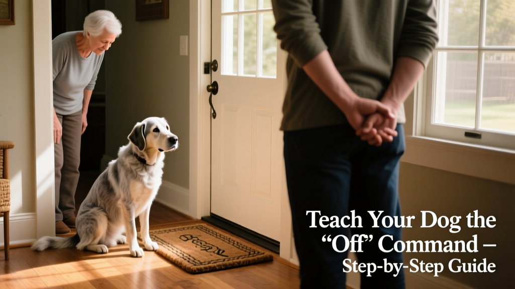 An older dog sitting politely beside its owner at the front door, ignoring a visitor who stands calmly with hands behind their back