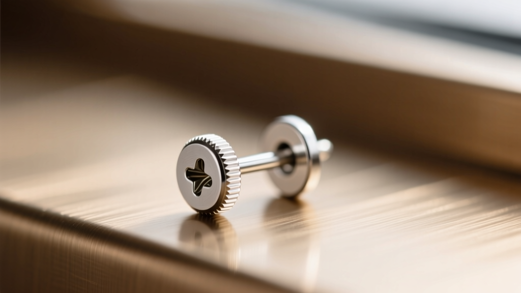 Macro shot of a 20-gauge silver earring post with a screw-back clutch, highlighting threading against a softly blurred background.