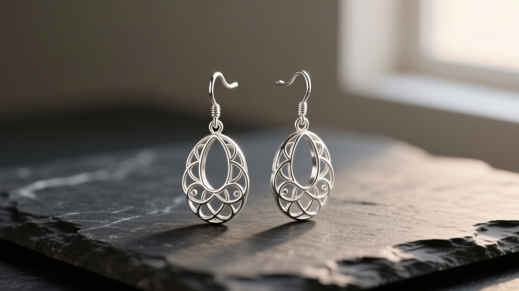 Macro photo of .925 sterling silver dangling earrings on dark slate, highlighting delicate filigree patterns and soft lighting