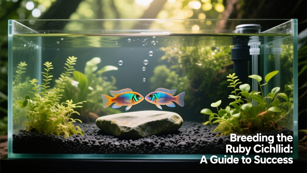 Aquarium setup for breeding Jewel fish: spacious tank with flat spawning stone, gentle filtration, dense plant cover, and soft substrate