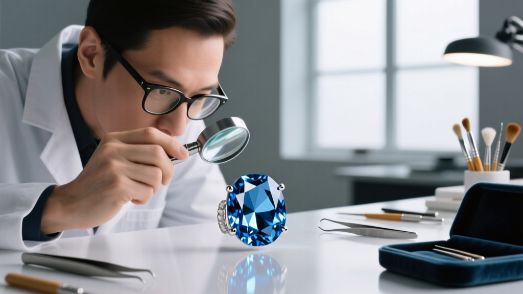 Jeweler using a loupe to inspect prong tension and cleavage alignment of a Swiss blue topaz stone before setting it in an earring