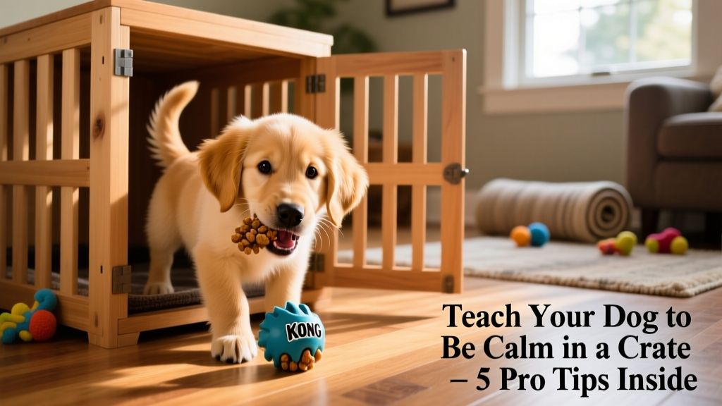 Dog happily eating from a food-stuffed KONG toy inside a partially closed crate