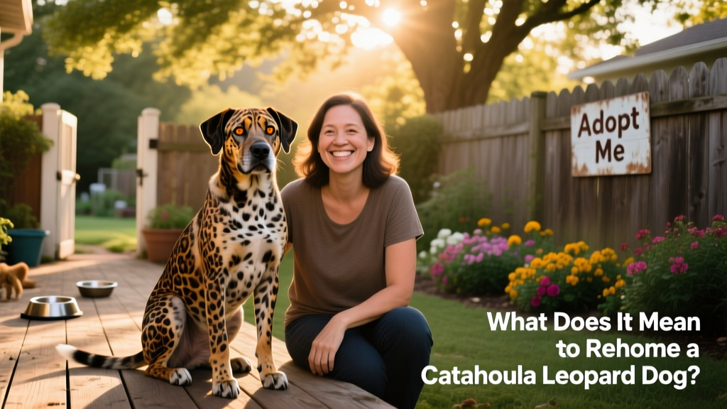 A calm, confident Catahoula Leopard Dog sitting beside a smiling adult in a sunlit backyard