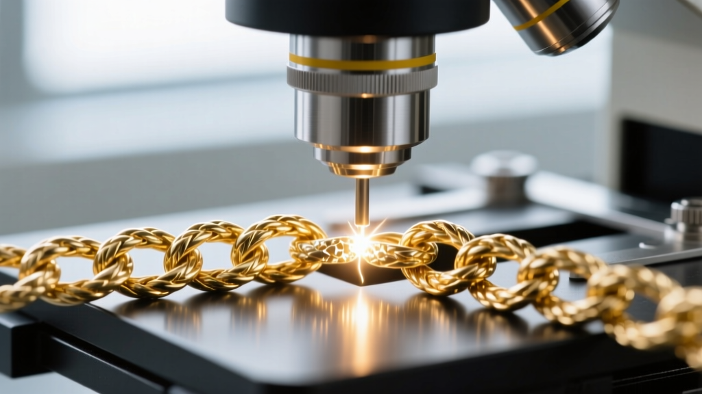 Macro shot of a laser welder creating a microscopic joint on a delicate 18k white gold rope chain under a stereo microscope.