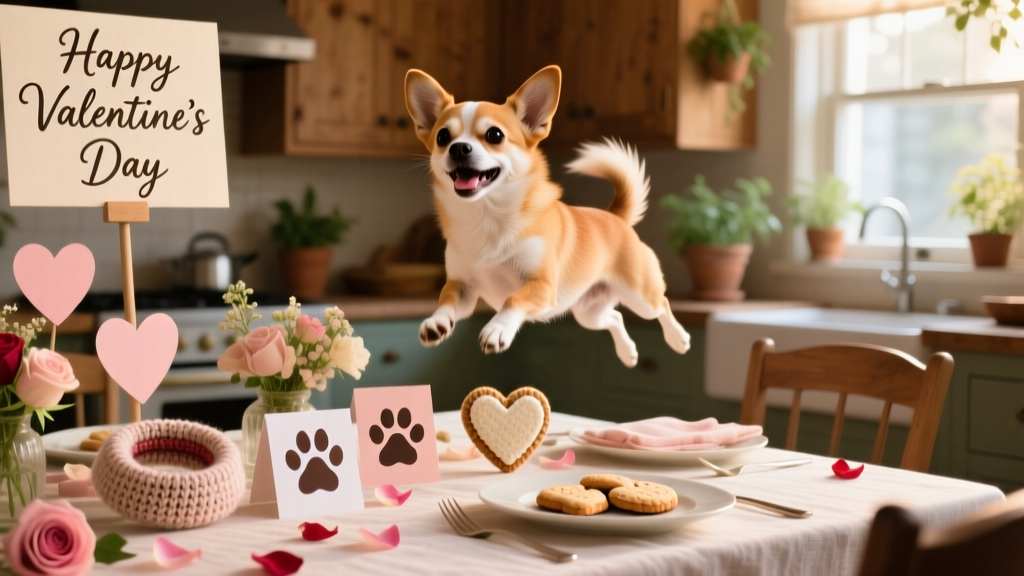 A joyful Chihuahua leaping playfully toward a decorated dinner table with heart-shaped accents