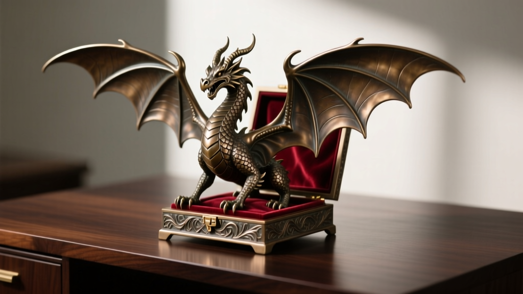 Majestic cold-cast bronze dragon jewelry box with wings spread open, revealing plush burgundy velvet interior on a dark oak desk.