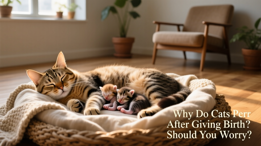 Mother cat lying comfortably with newborn kittens nestled against her belly, eyes half-closed, softly purring