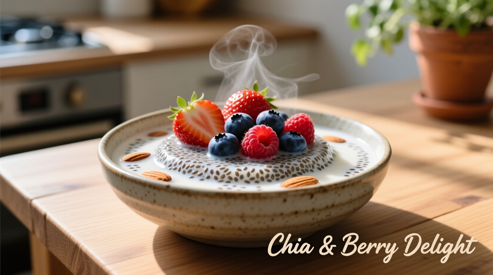 Chia seeds soaked in almond milk with fresh berries