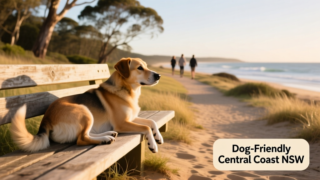 A relaxed dog lounging near a coastal walking trail