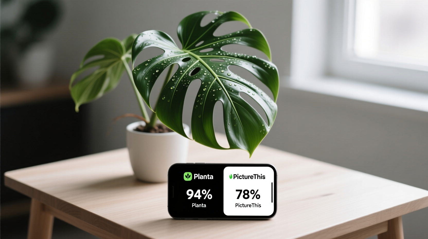 Spring 2024 comparison of Planta vs PictureThis plant ID results showing 94% vs 78% accuracy for monstera—critical for new plant parents