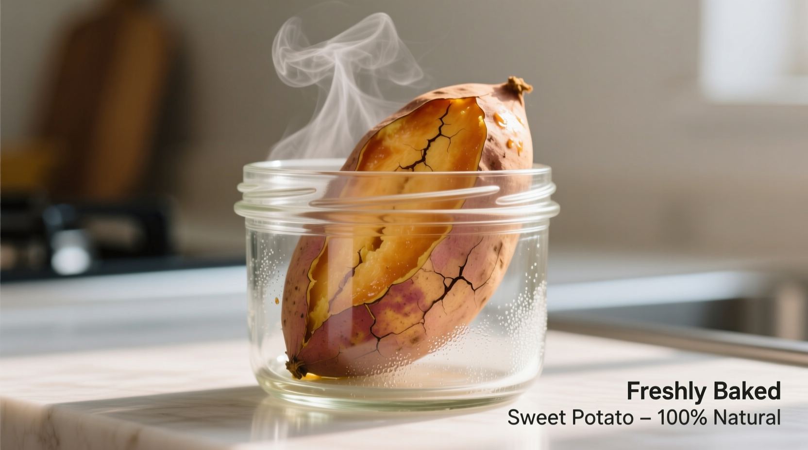 Fresh cooked sweet potatoes in airtight glass container