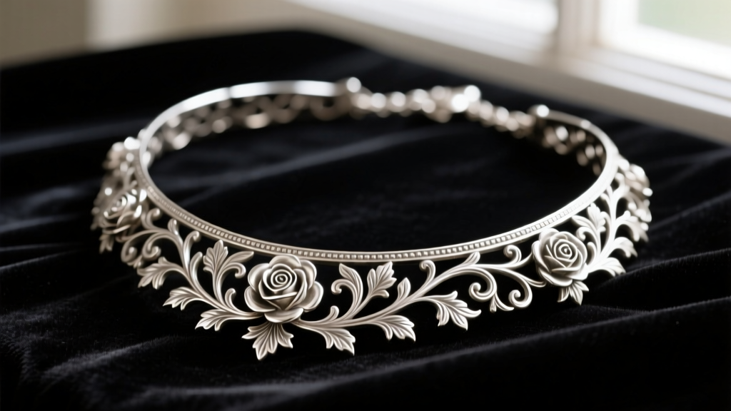 Macro photography of an antique Victorian silver collar necklace featuring intricate repoussé floral motifs resting on dark velvet