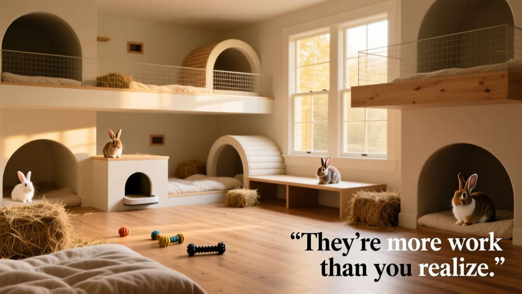 A spacious, multi-level indoor rabbit habitat with tunnels, platforms, a litter box, hay, and chew toys