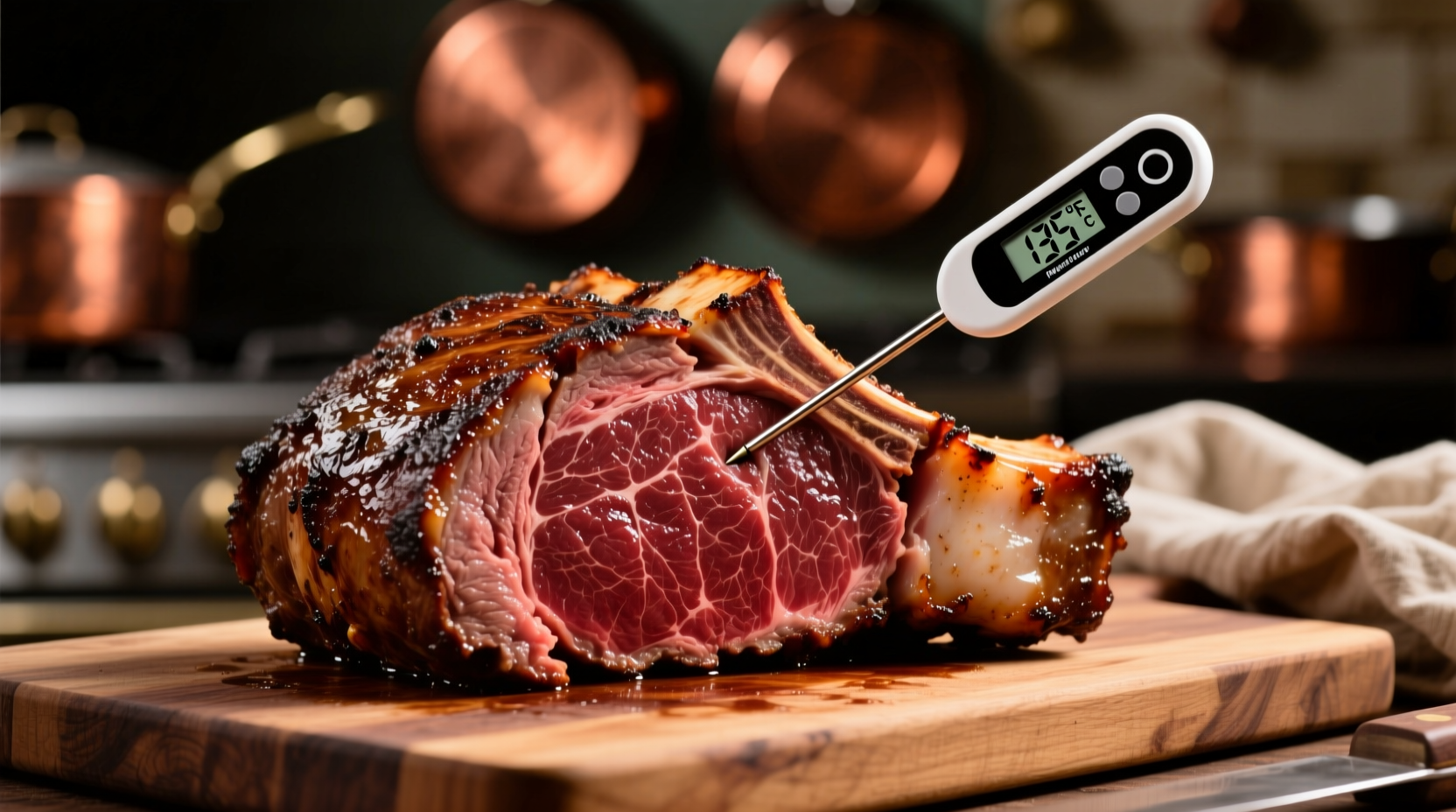 Perfectly cooked prime rib roast with internal temperature reading