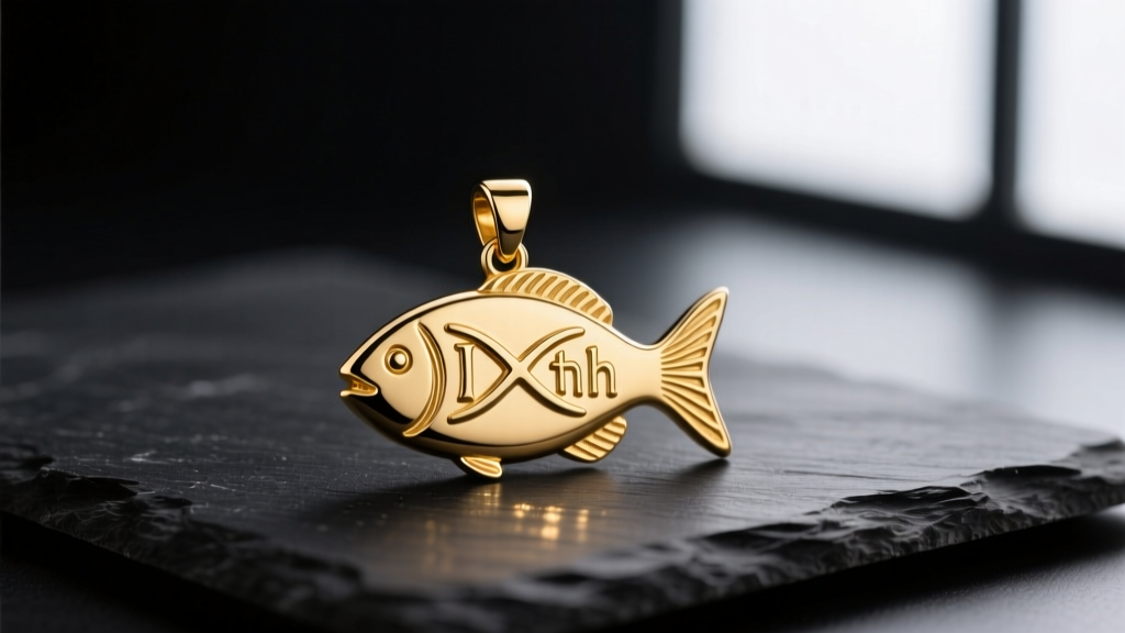 Macro shot of a 14k gold Christian fish pendant on dark slate, highlighting the Ichthys engraving and soft studio reflections.