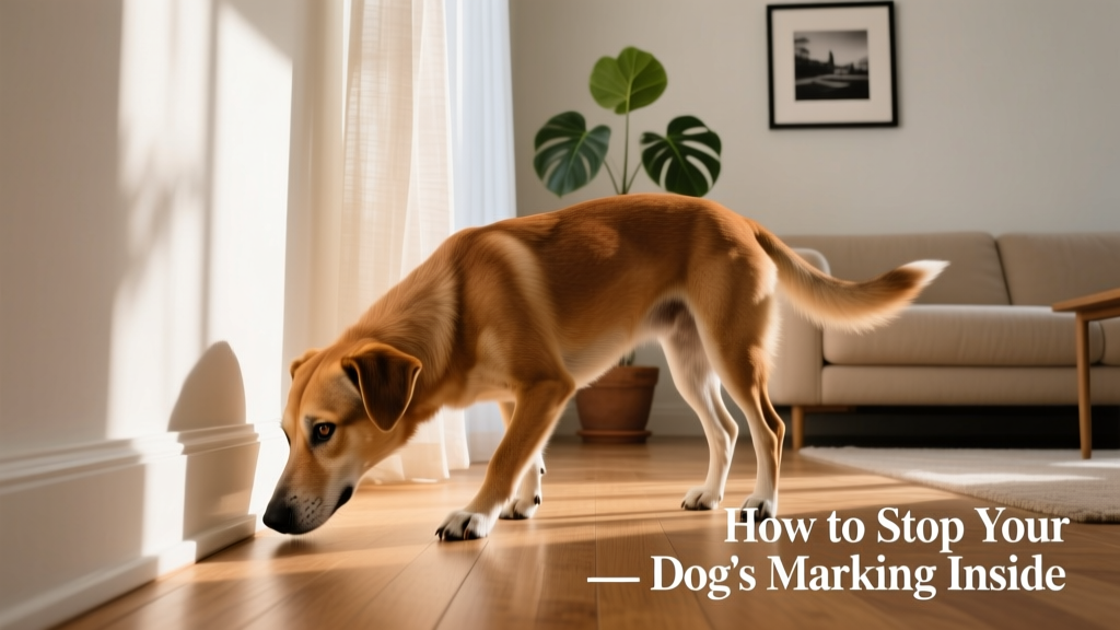 A dog sniffing near baseboards in a living room, showing early signs of marking behavior