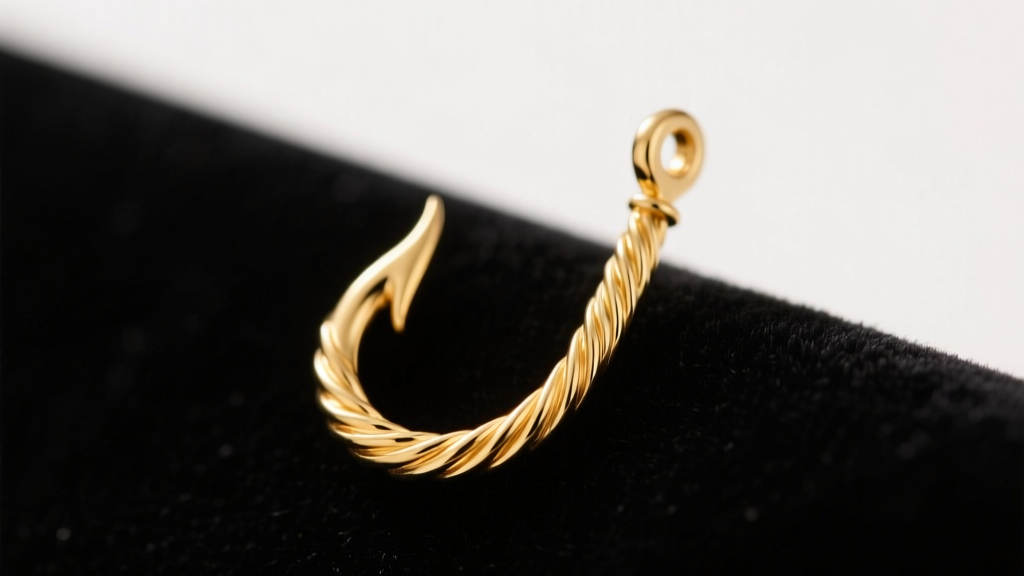 Macro shot of a 14k yellow gold fish hook earring resting on dark velvet, highlighting the wire gauge and curved loop detail