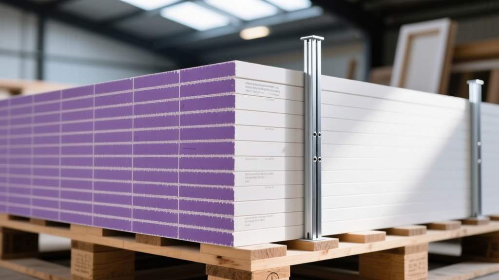 Close-up of purple-faced mold-resistant XP gypsum board stacked on pallets at a commercial framing site with metal studs