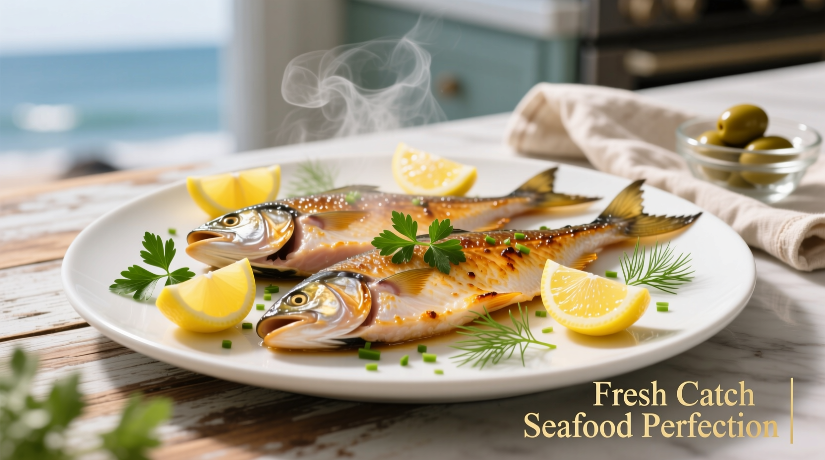 Fresh mahi mahi fillets with lemon wedges and herbs