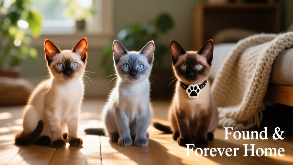 Side-by-side comparison showing flame point, blue point, and seal point Siamese kittens