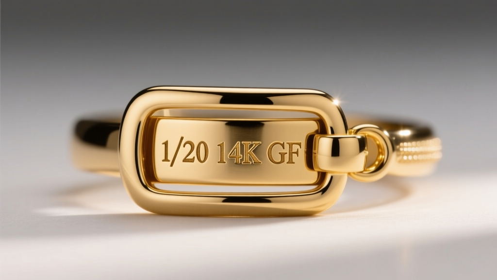 Close-up of a gold filled clasp stamped 1/20 14K GF, illuminated by a jeweler