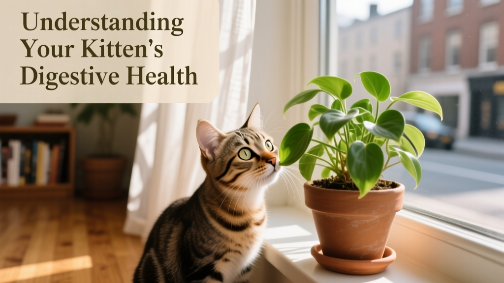 A curious young cat sniffing a potted houseplant on a windowsill