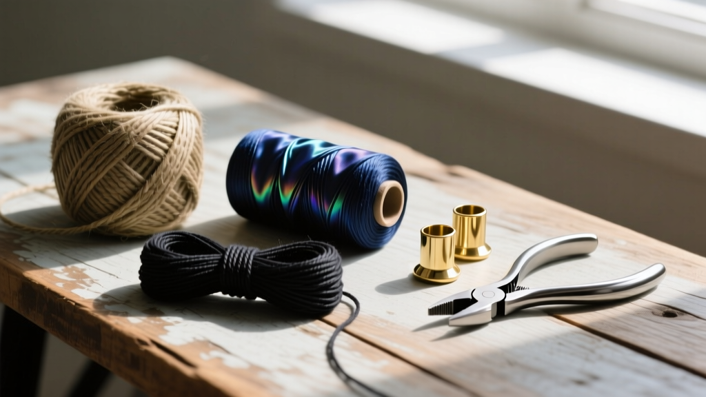 Flat lay of hemp, silk, and black waxed linen twines beside brass micro-crimp tubes and jewelry pliers on a rustic wooden desk