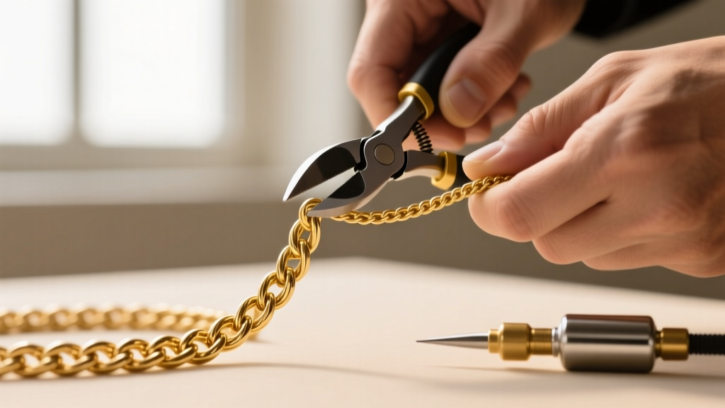Close-up of hands using flush cutters to snip a delicate 1.5mm 14k gold filled rope chain next to an argon gas nozzle