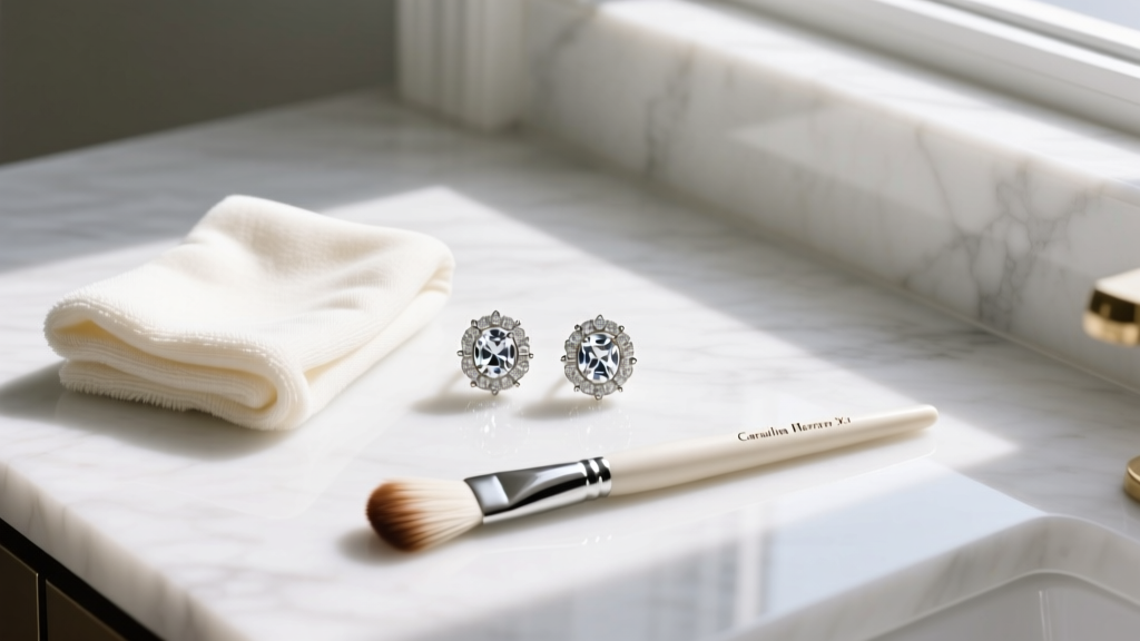 Flat lay of a polishing cloth, soft brush, and crystal Carolina Herrera stud earrings on a clean white marble vanity surface