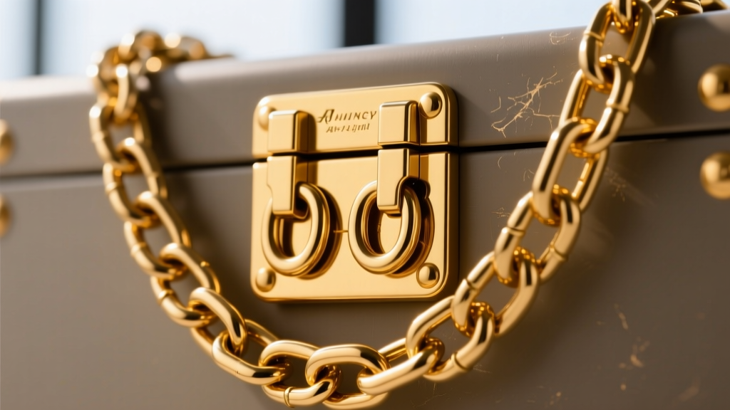 Close-up of a heavy-duty locking box clasp with dual figure-8 safety catches attached to a thick 45-gram solid gold Quincy chain.