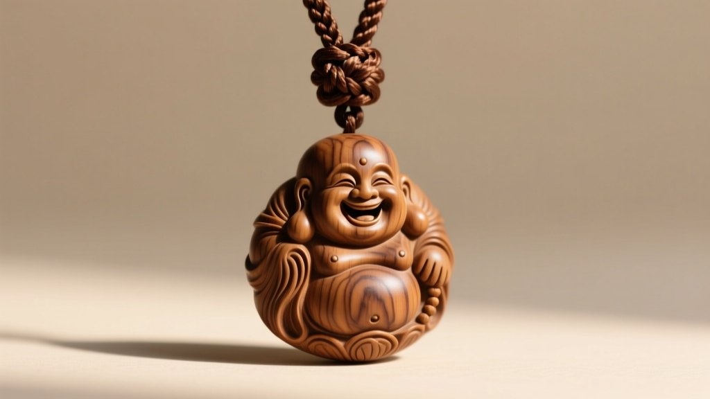 Carved agarwood laughing buddha pendant showing grain, suspended on a braided brown silk cord with a sliding macrame knot