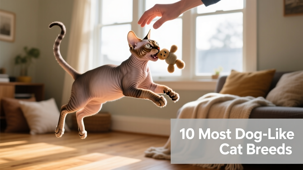 A Manx cat mid-fetch, holding a small plush toy in its mouth while looking up at its owner