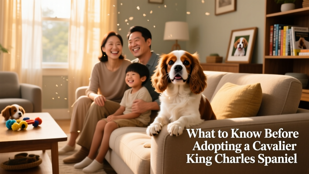 A smiling Cavalier King Charles Spaniel sitting beside a family on a cozy living room sofa
