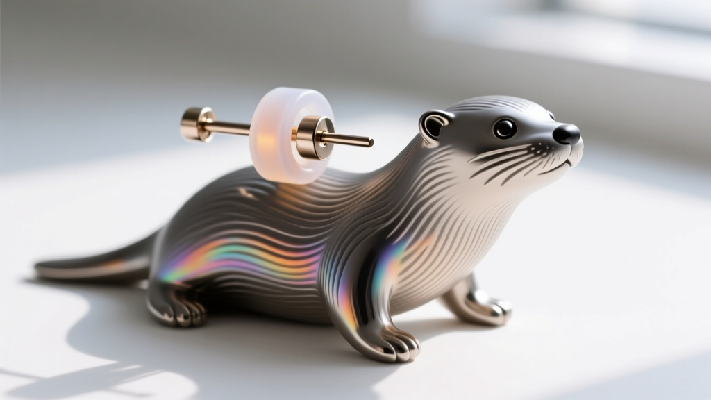 Close-up of a 20-gauge titanium earring post with a silicone clutch, attached to a lightweight 3D-printed photopolymer resin otter