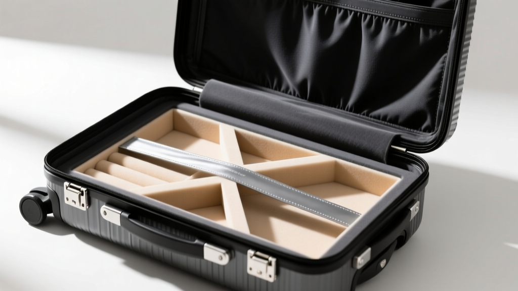 Open travel case revealing a removable EVA foam jewelry box insert with snap closures and a built-in anti-tarnish strip inside.