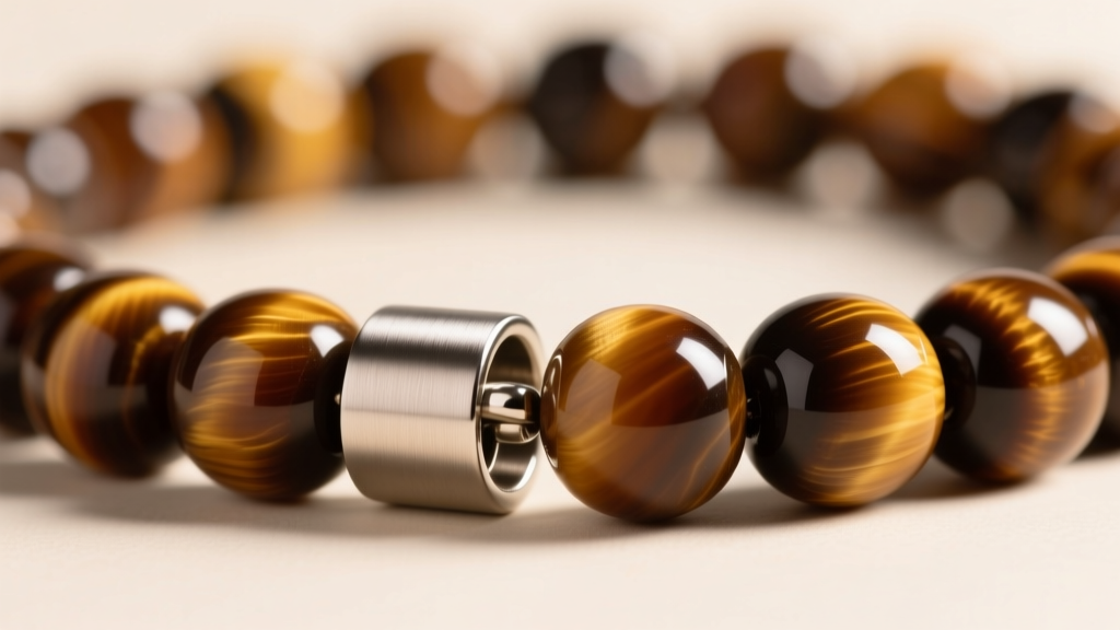 Macro shot of a neodymium magnetic clasp on a 12mm tiger eye thick beaded necklace, sharp focus on the brushed steel metal finish