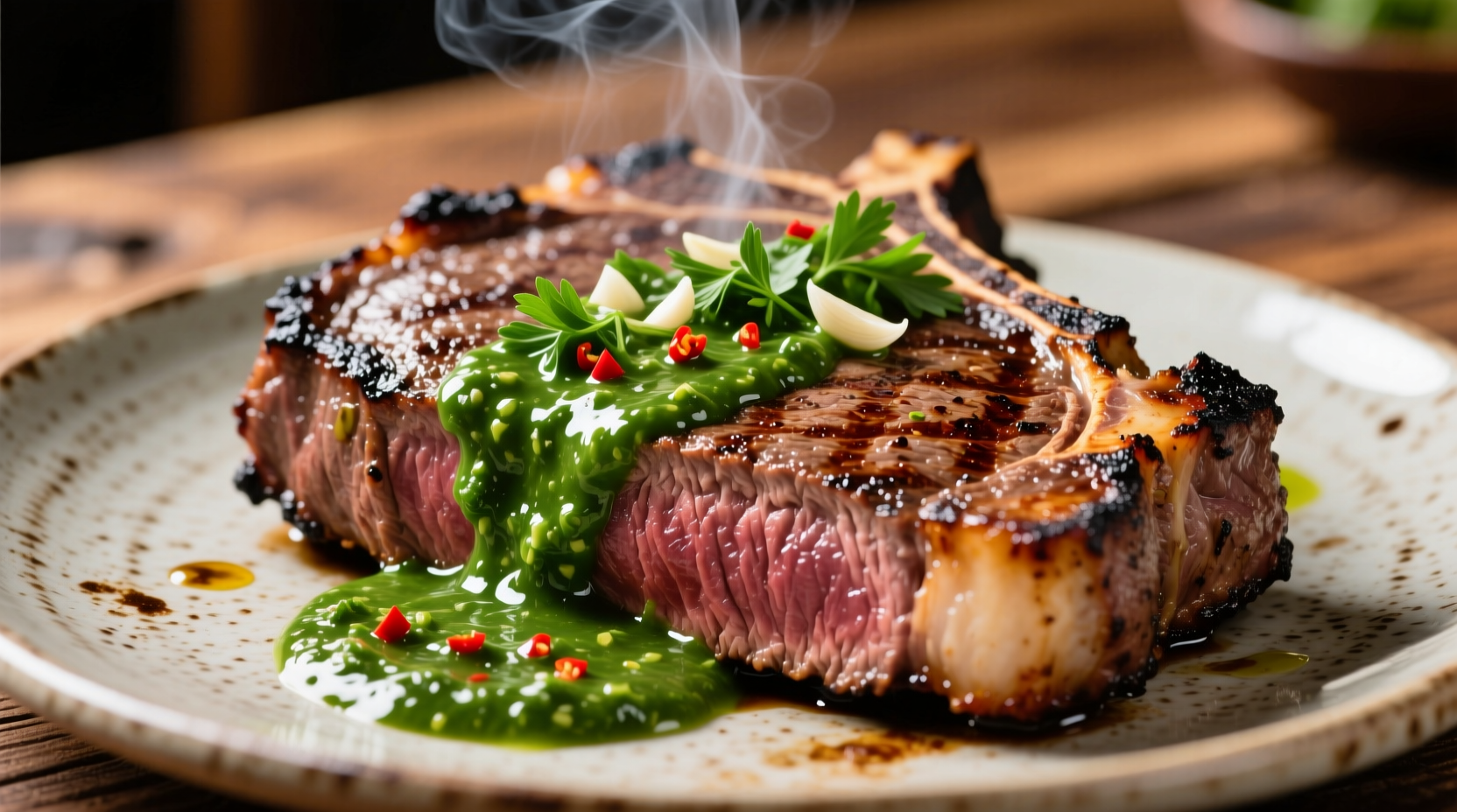 Fresh chimichurri sauce drizzled over grilled steak