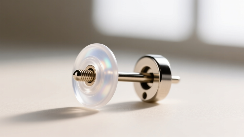 Macro view of an 18-gauge earring post fitted with a clear medical-grade silicone allergy shield and a secure metal friction back.