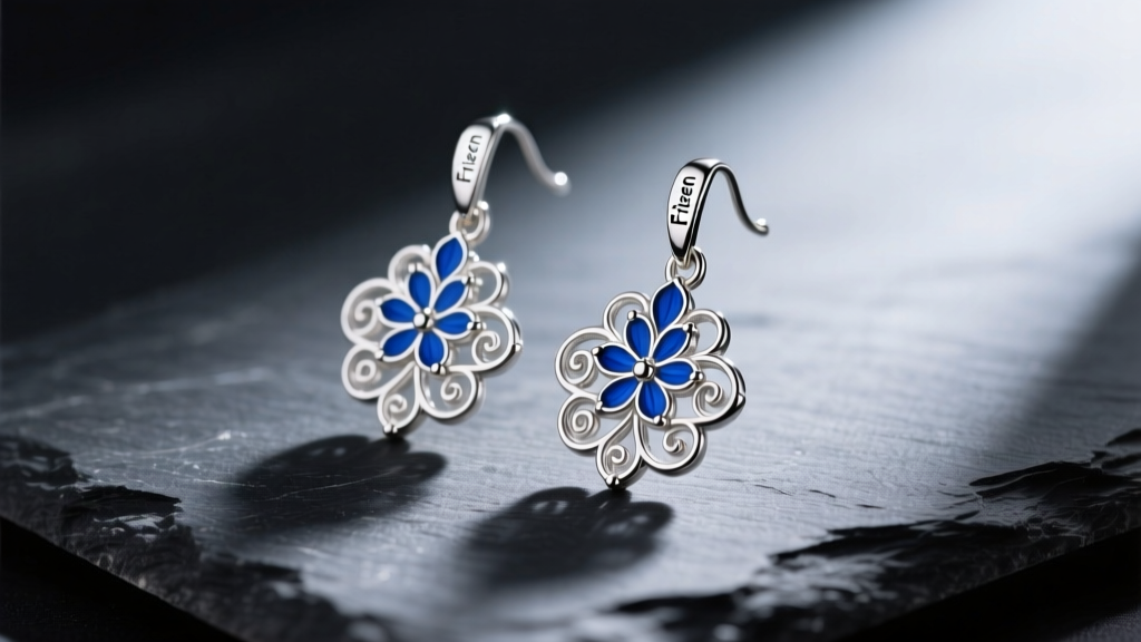 Macro shot of intricate silver Frieren floral drop earrings on dark slate, highlighting the 925 hallmark and blue enamel detailing