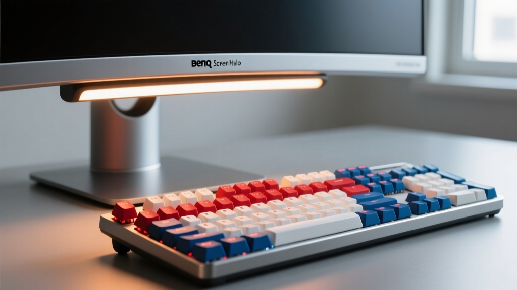 Close-up of the BenQ ScreenBar Halo mounted on a curved ultrawide monitor illuminating a mechanical keyboard with warm 3000K light
