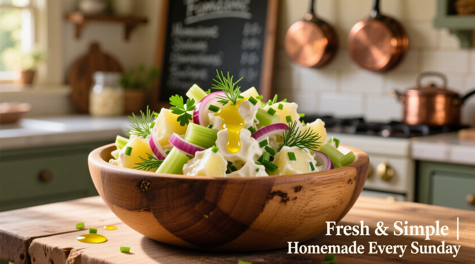 Homemade potato salad in wooden bowl with fresh herbs