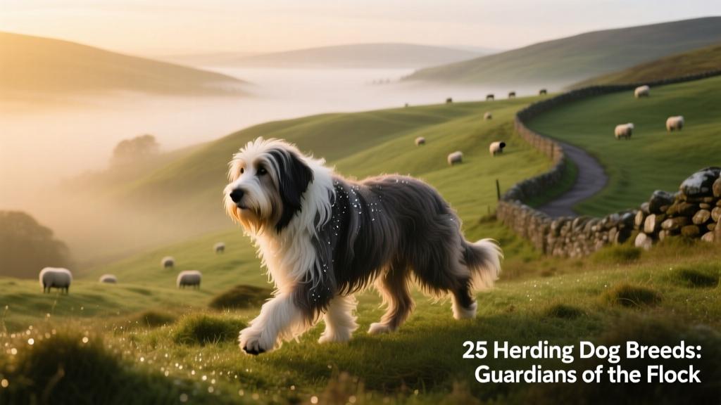 A Bearded Collie trotting confidently across a misty Scottish hillside
