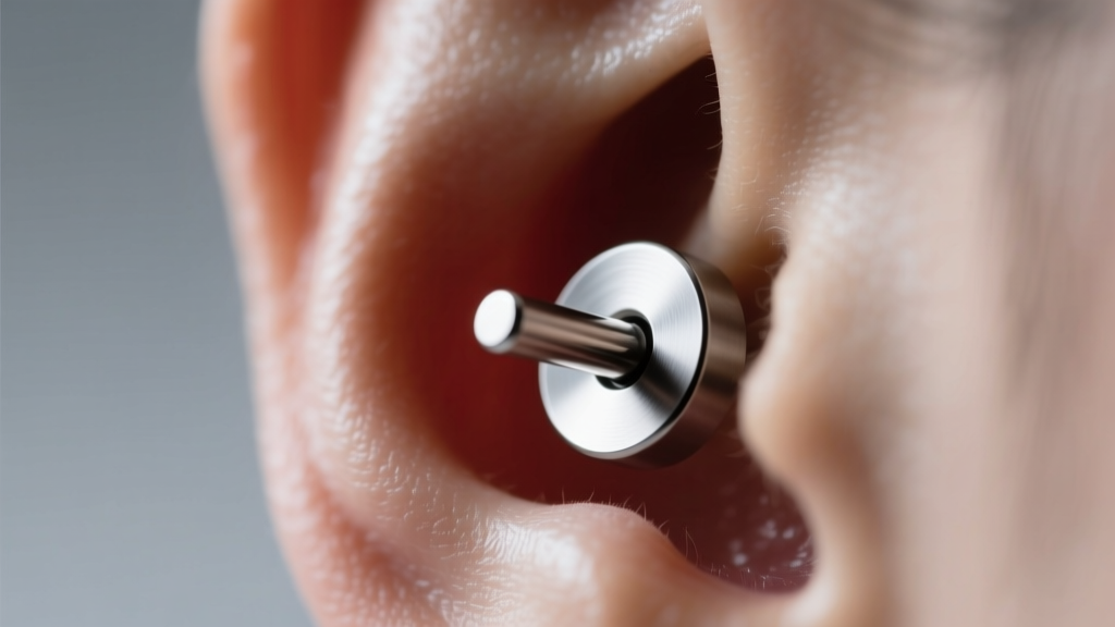 Close-up of a 16-gauge titanium flat-back labret in a helix piercing, soft studio lighting highlighting the polished metal finish.