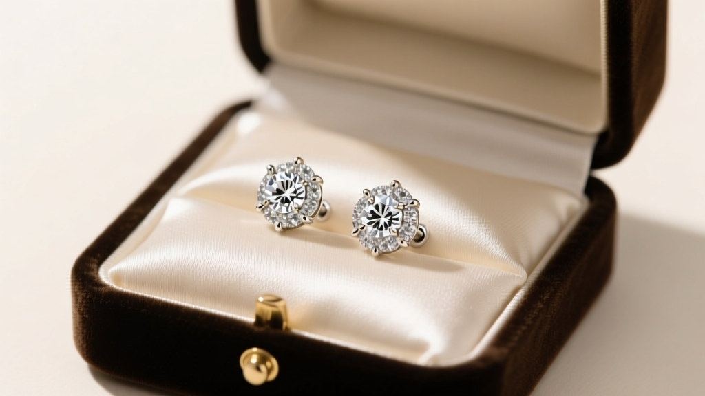 Open velvet jewelry box revealing 14k white gold diamond stud earrings on a satin pillow, illuminated by soft, warm studio lighting