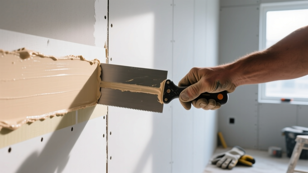 Close-up of a drywall finisher using a 10-inch taping knife to apply all-purpose joint compound over paper tape on a gypsum board seam